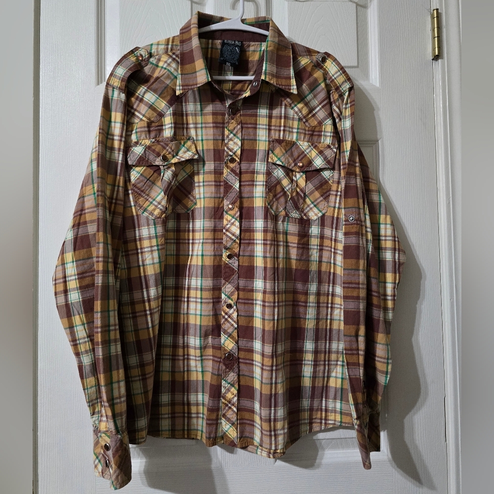 Vintage Y2K Green Oak Pearl Snap Western Shirt, Brown & Green Plaid, Men's XL.